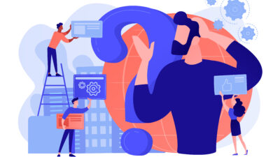 Illustration of a confused person surrounded by a team offering solutions, icons of gears and thumbs-up, symbolizing systems thinking and problem-solving.